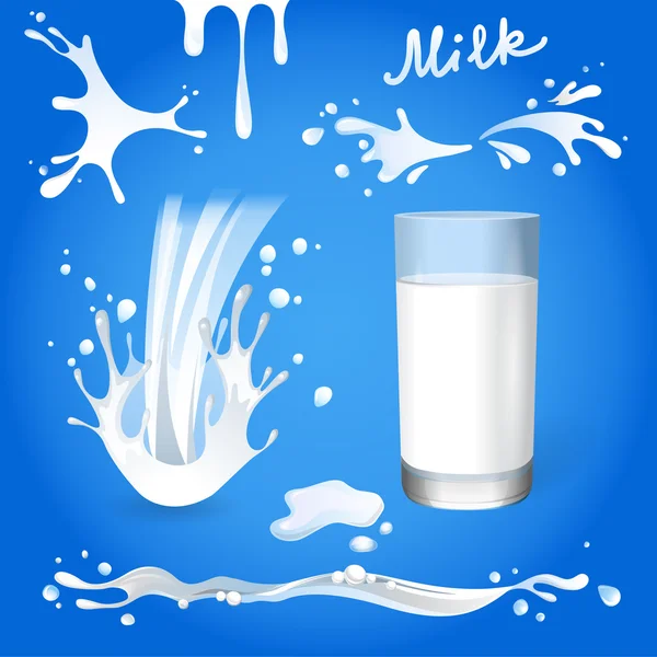 Salpicaduras de leche y vaso de leche — Vector de stock