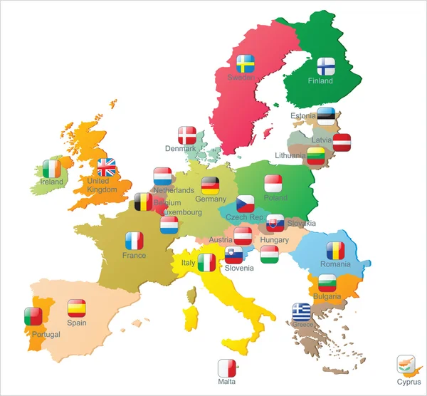 Χάρτης της Ευρωπαϊκής Ένωσης, με σημαίες — Διανυσματικό Αρχείο