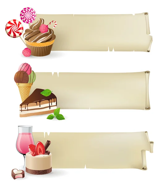 Banners com doces e doces — Vetor de Stock