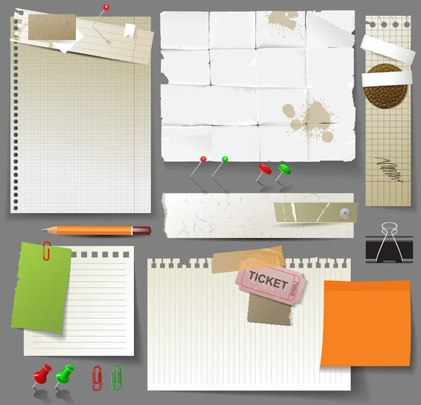 Papier pagina's, vellen papier en clips — Stockvector