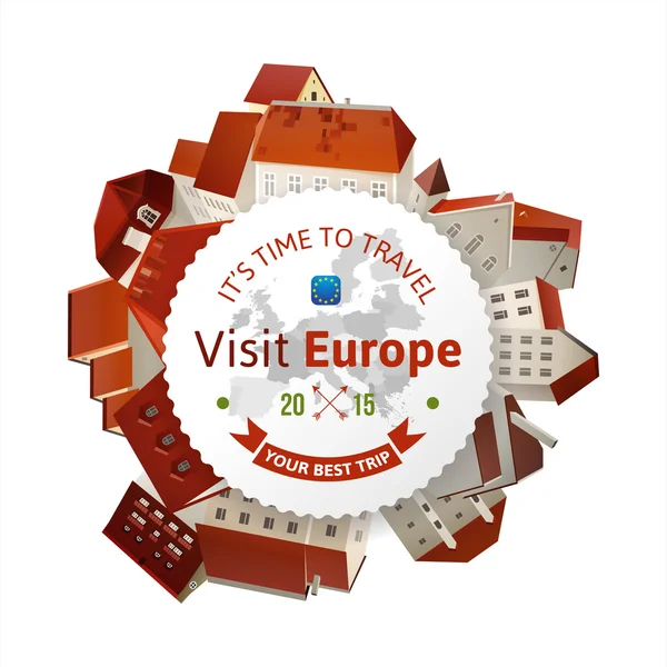 Visite Europa emblema con paisaje urbano — Vector de stock