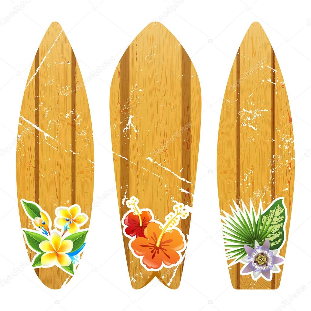 wooden surfboards with floral prints