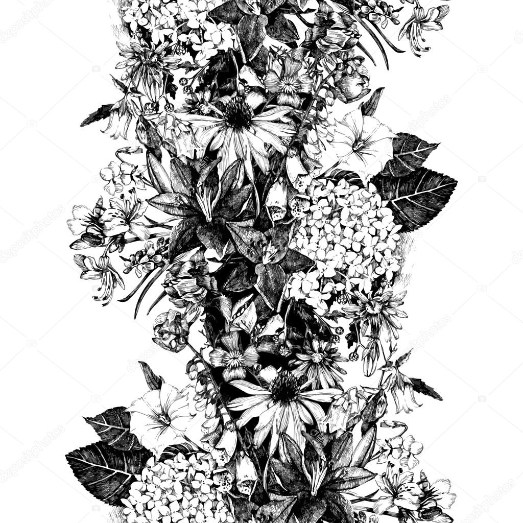 Hand drawn seamless border with flowers