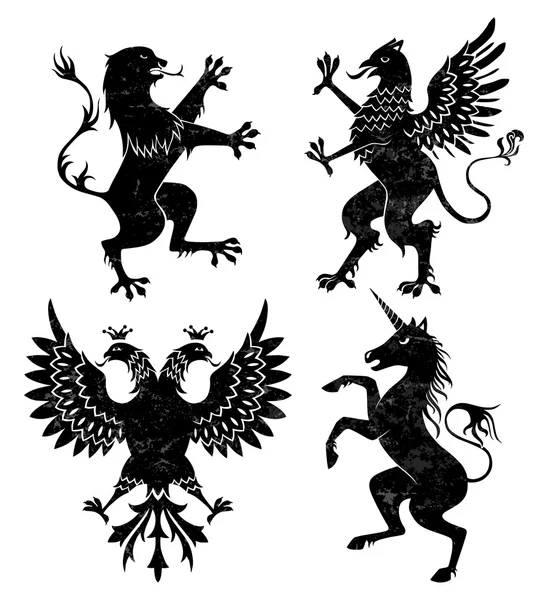 Singa heraldik, griffin, elang dan unicorn - Stok Vektor