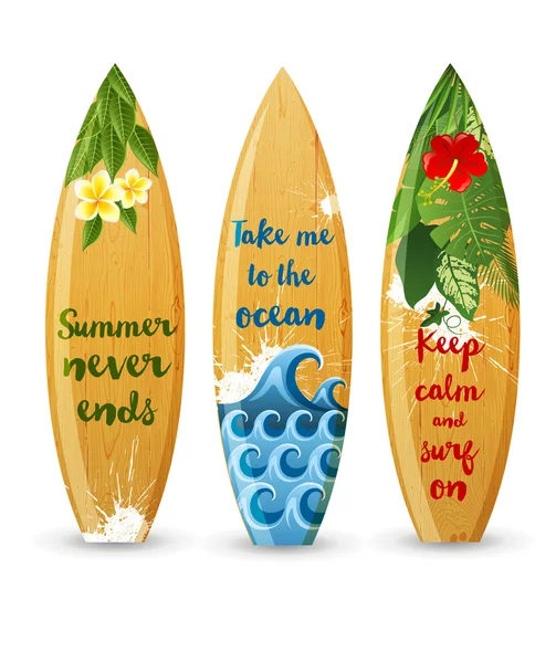 Houten surfplanken met lettertypeontwerpen — Stockvector