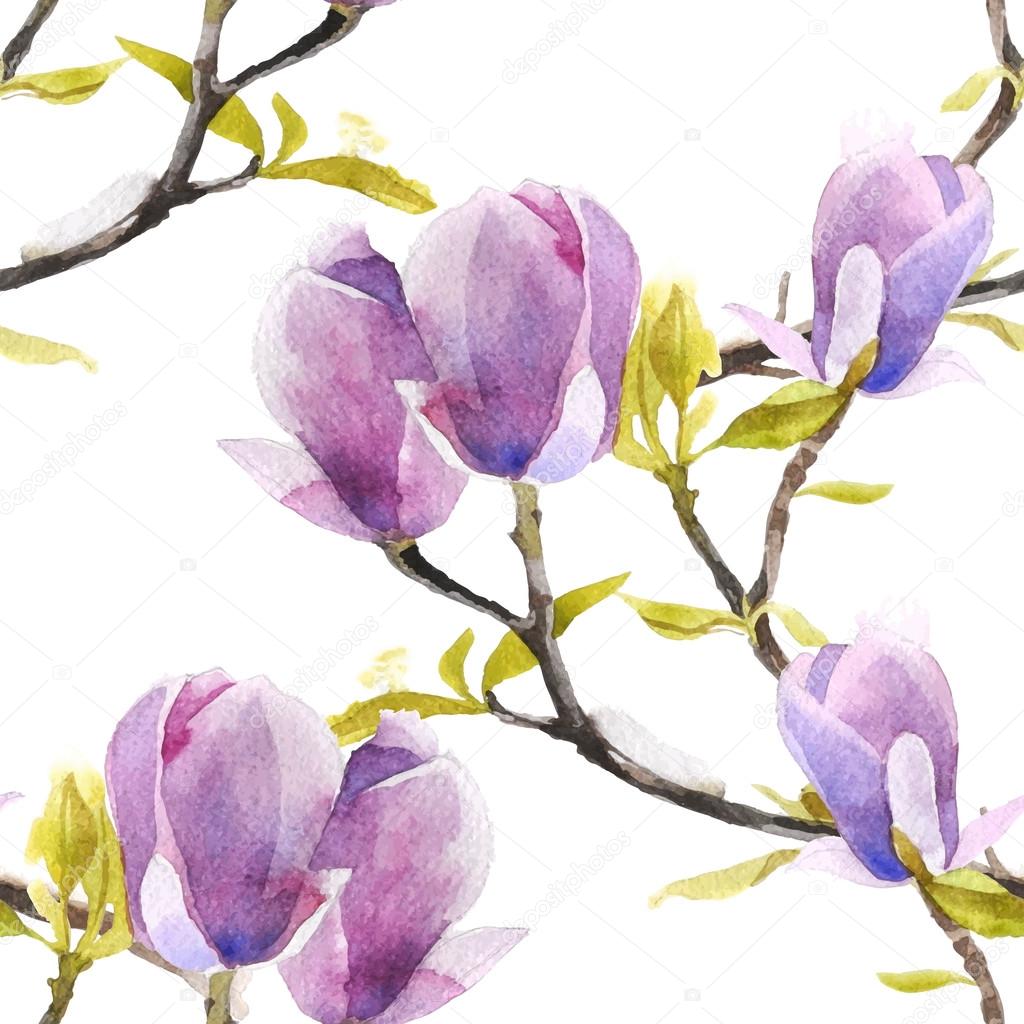 Watercolor magnolia seamless pattern