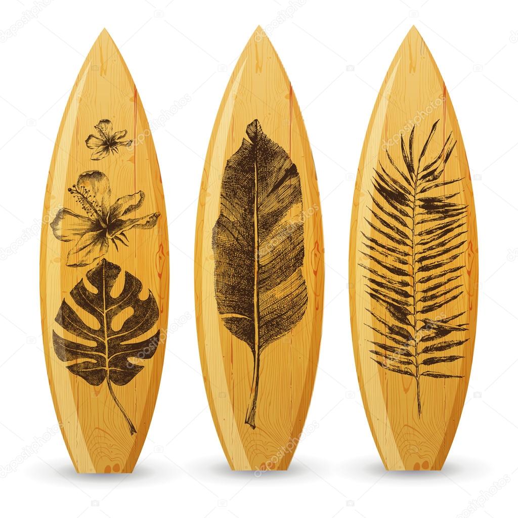 wooden surfboards with hand drawn tropical leaves