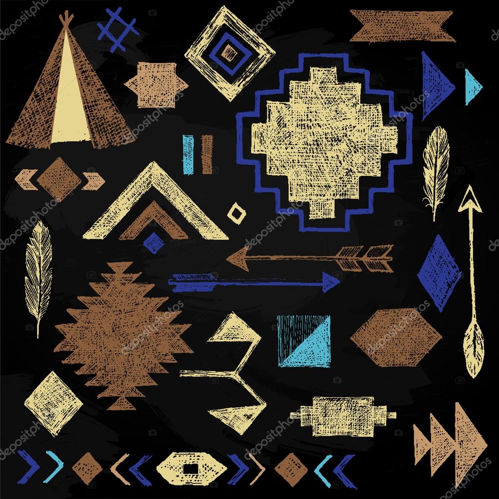 Hand drawn tribal elements set on black background