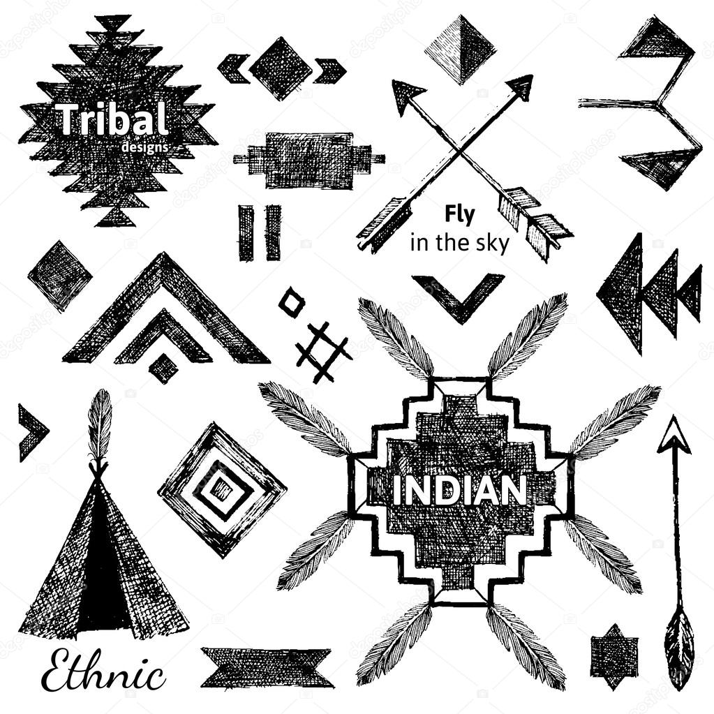 Hand drawn tribal elements set on white background