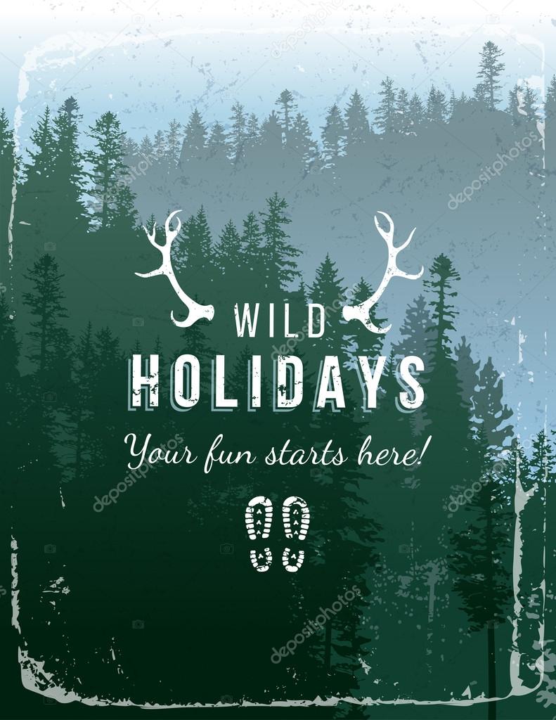 Retro-styled poster with coniferous forest landscape