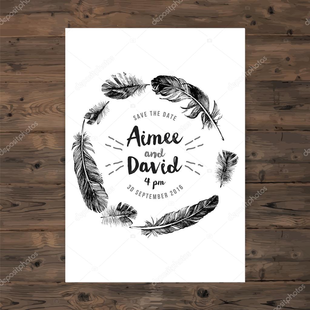 feathers wreath and save the date type design