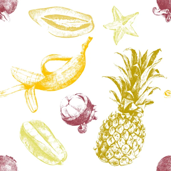Frutas tropicales dibujadas a mano sin costura — Archivo Imágenes Vectoriales