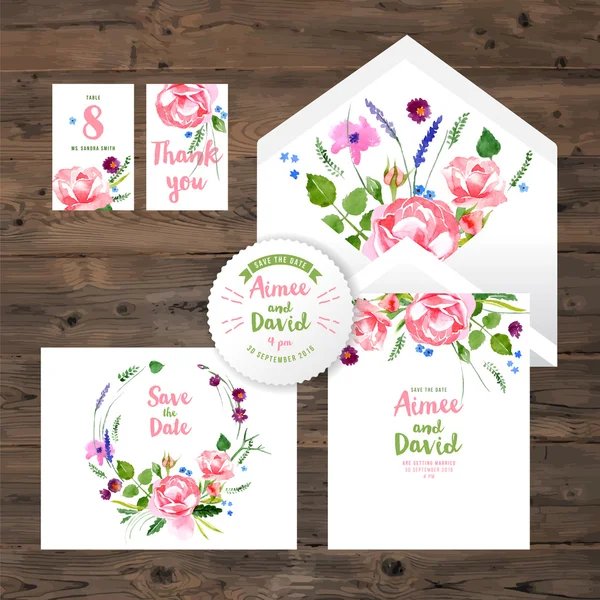 Tarjetas de boda con elementos florales acuarela — Vector de stock