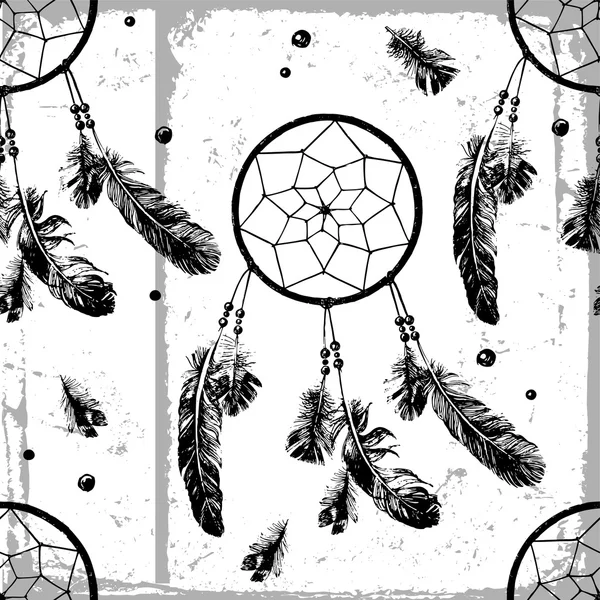 Seamless pattern with dream catchers and feathers — 图库矢量图片