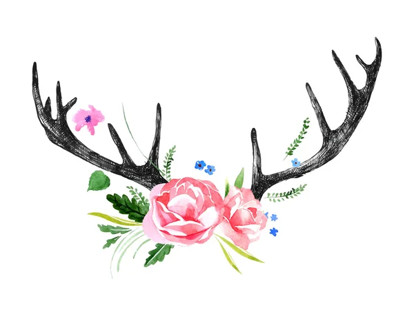 Cornes de cerf avec fleurs aquarelles — Image vectorielle