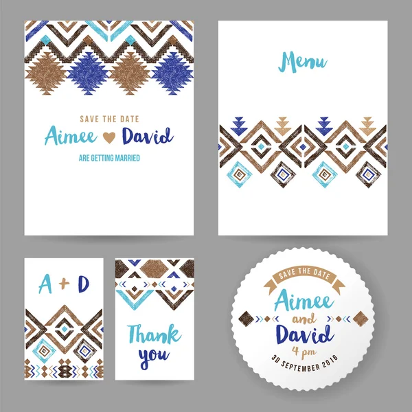 Tarjetas de boda con adornos tribales — Vector de stock