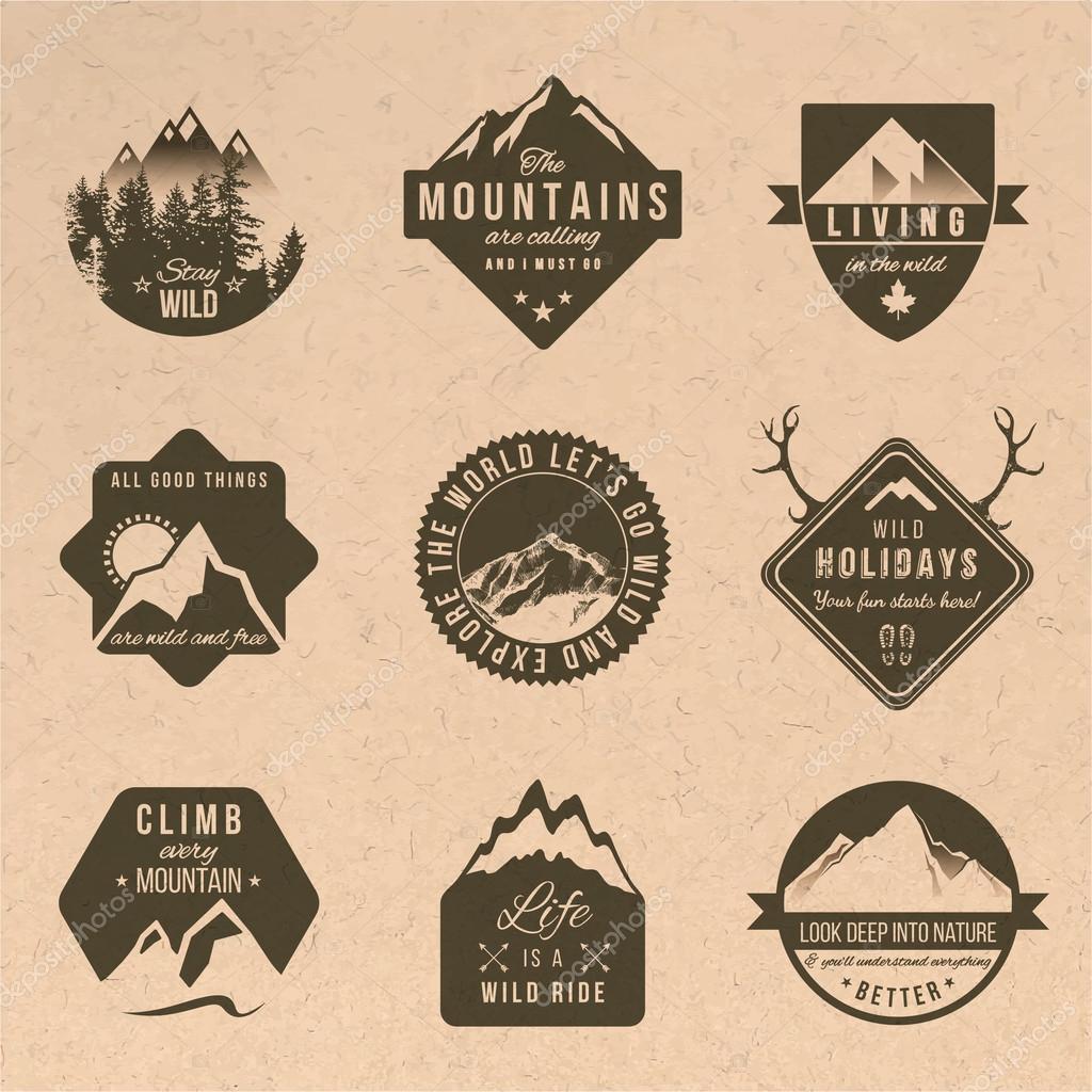 Set of 9 adventure labels with different type designs in vintage style