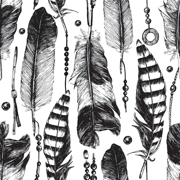 Бесшовный узор с нарисованными вручную перьями — стоковый вектор