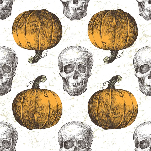 Seamless pattern with pumpkin and skull — Stock Vector