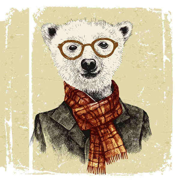 Mano dibujado vestido hasta hipster oso en gafas — Archivo Imágenes Vectoriales