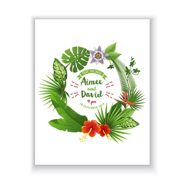 Save the date card with tropical wreath — Stock Vector