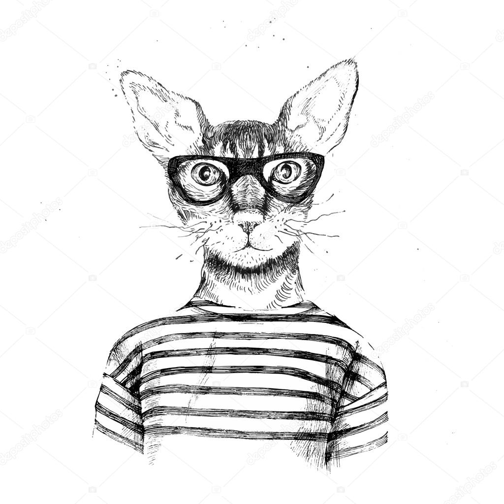 Hand drawn dressed up hipster cat 
