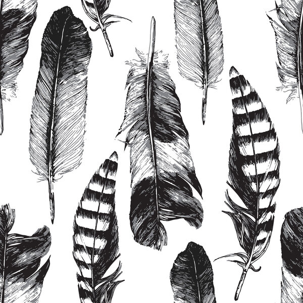 бесшовный узор с нарисованными вручную перьями
