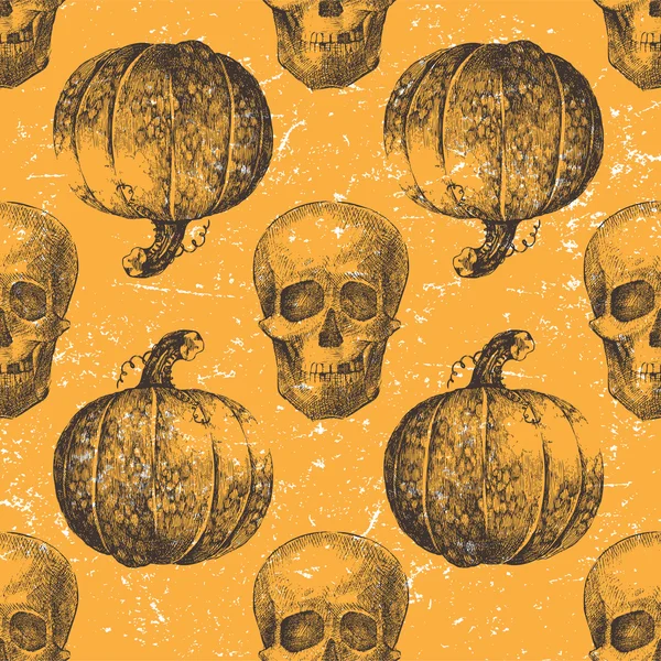 Seamless pattern with pumpkins and skulls — Stock Vector