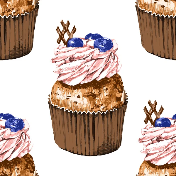 Modèle sans couture avec cupcakes dessinés à la main — Image vectorielle