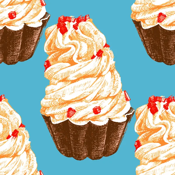 Modèle sans couture dessiné à la main avec des cupcakes — Image vectorielle