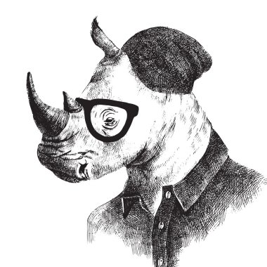 Hand drawn dressed up rhino in hipster style clipart