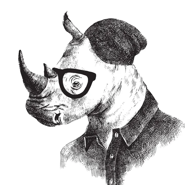 Mano dibujada vestido rinoceronte en estilo hipster — Vector de stock