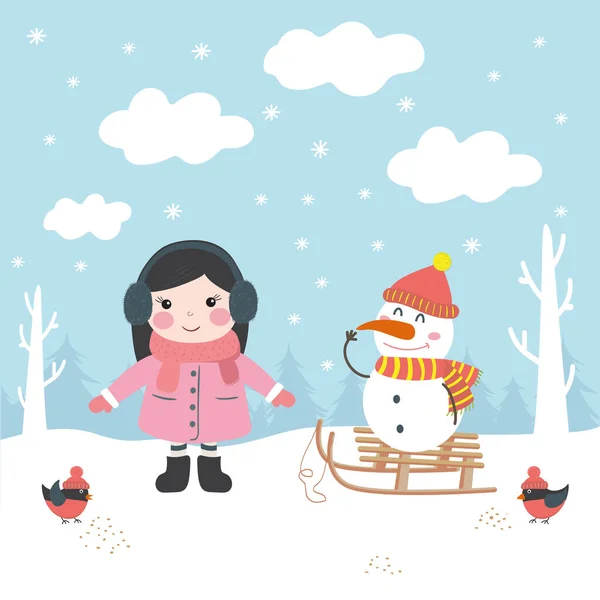 Ένα Κορίτσι Και Ένας Χιονάνθρωπος Χειμερινές Υπαίθριες Δραστηριότητες — Διανυσματικό Αρχείο
