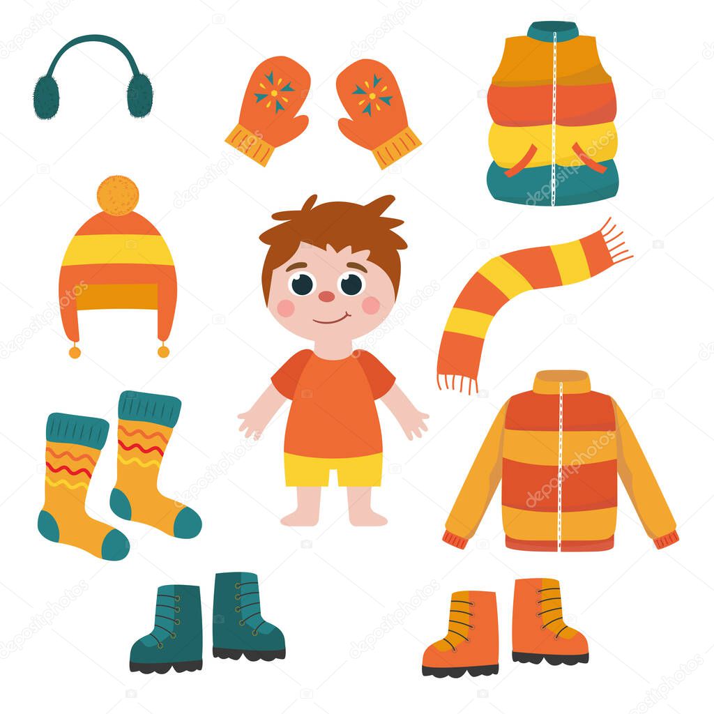 A child and a set of winter clothes. 