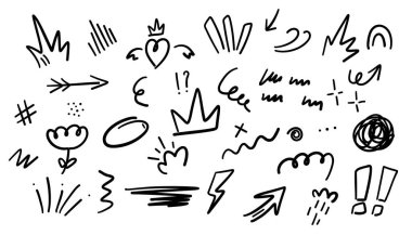 Hand drawn doodle sketch arrows, crowns, hearts and other elements Vector illustration.
