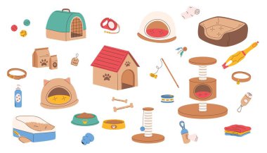 Sevimli hayvan aksesuarları, oyuncaklar ve mobilya karikatür çizim seti. Köpek ve kedi bakımı ürünleri.