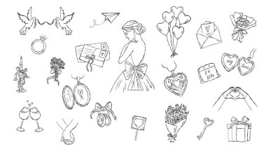 Kız, Kalp ve Sevgililer Günü Elementleriyle Romantik Aşk Doodle Vector Set