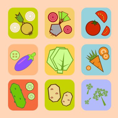 Domates, havuç, patates, lahana, pancar, soğan, salatalık, patlıcan ve maydanozla bezenmiş renkli sebzeler yemek, mutfak, market, sağlıklı yemek, kartpostal, menü teması üzerine tasarlanmış ekstra basit çizgi film tarzında..