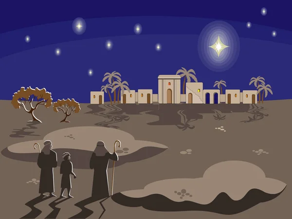 Christmas biblical scene with shepherds standing in historical costumes at night and looking at a star over the city of Bethlehem, palms, figs and stars against the dark sky. Greeting card, banner. — Stock Illustration Christmas Biblical Scene Shepherds Standing Historical Costumes Night Looking Star Stock Vector