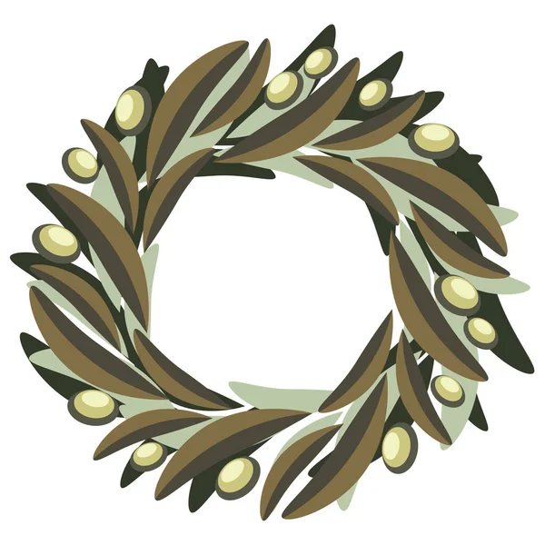 橄榄叶的花构图橄榄花环 带有橄榄色的绿色果实 简单的平面全色图像 表示和平 节日祝福 食品和药用植物 — 图库矢量图片
