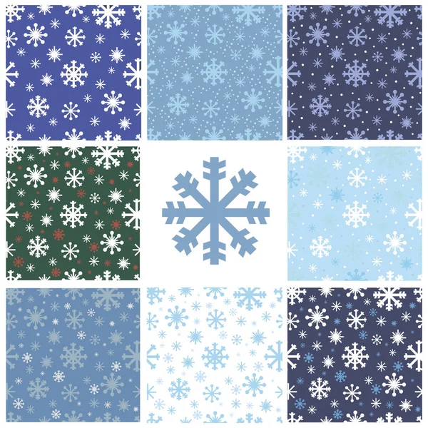 Sneeuwvlokken Naadloze Patronen Ingesteld Verschillende Achtergronden Abstract Behang Verpakking Decoratie — Stockvector