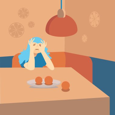 Uzun saçlı ergen kız masada oturuyor ve parmaklarından iki tane tek gözlük işareti yapıyor. Odanın içinde, masada bir tabak var ve portakallar, yukarıda bir lamba asılı.. 