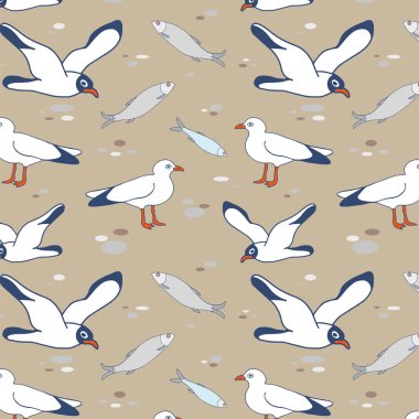 Kıyıda uçan martıların ve balıkların kusursuz desenleri. Martılar, ringa balıkları ve ringa balıklarıyla kumlu bir sahilin arka planında basit bir çizgi film tarzında vektör görüntüsü. Yaz ve deniz tekstil ürünleri, duvarlar ya da ambalaj kağıdı tasarımları için.