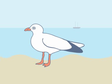 Güneşli bir havada suyun arka planında duran martı. Ufukta bir balıkçı teknesi olan bir deniz kuşunun yakın çekim vektör görüntüsü..