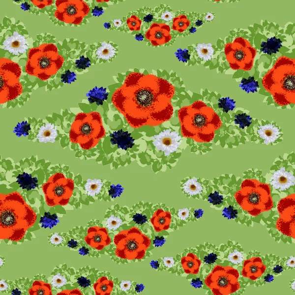 Wildflowers Leaves Summer Green Background Pattern Suitable Textiles Backgrounds — Stockfoto