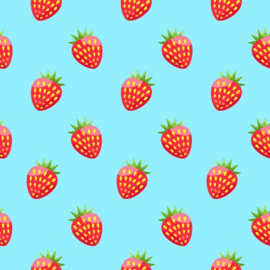 Çilek deseni parlak çizgi film tarzında. Gökyüzü mavisi arka planda parlak voluminik çilekler. Ağız sulandıran neşeli çocuklar için tekstil tasarımı veya desen.
