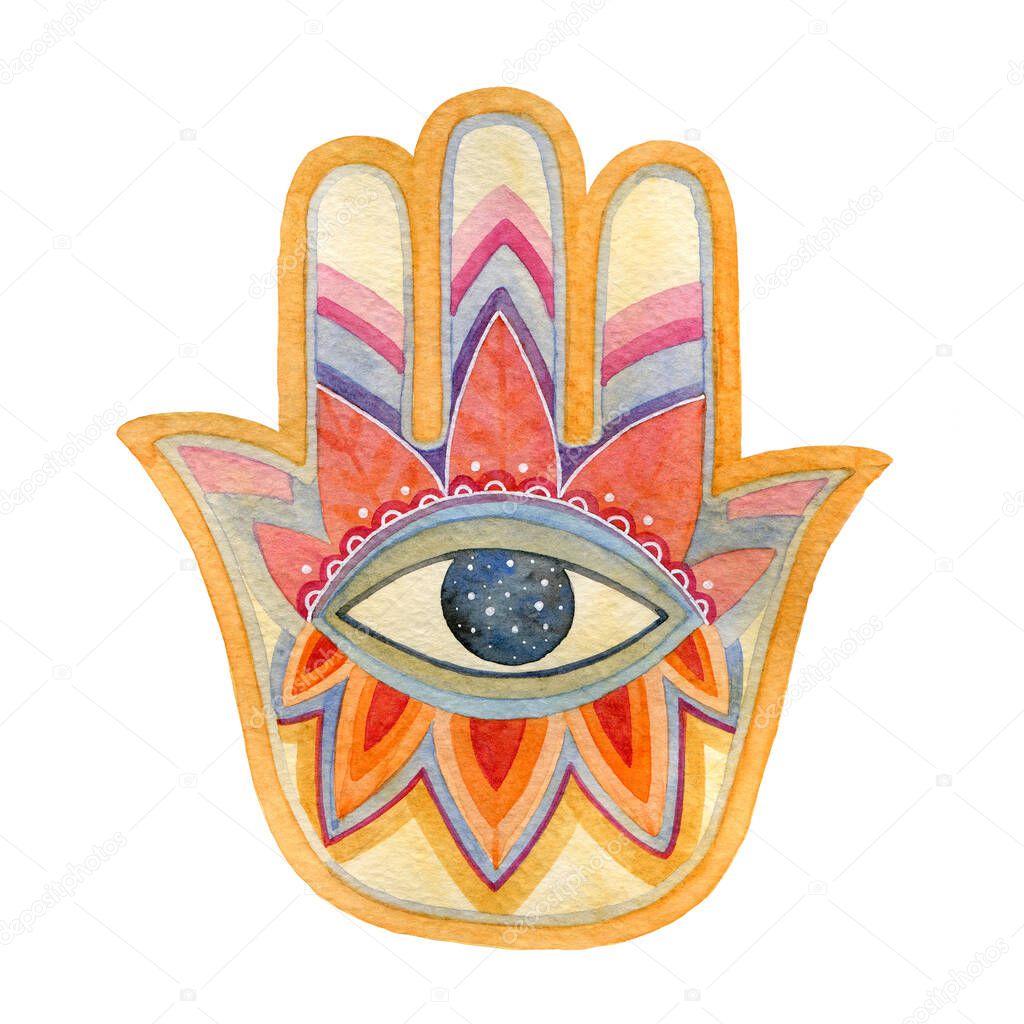 Hamsa, a protective amulet. Open amulet with five fingers and a large open eye in the middle, decorated with floral designs.