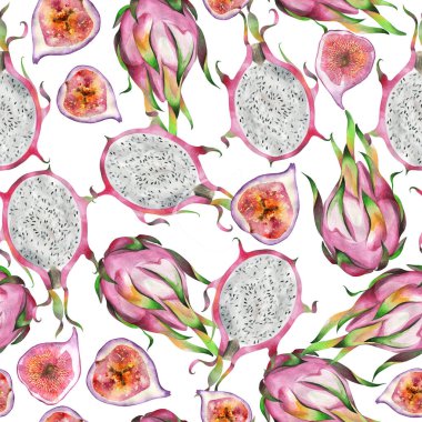 Beyaz arka planda egzotik ejderha meyvelerinin kusursuz suluboya deseni..