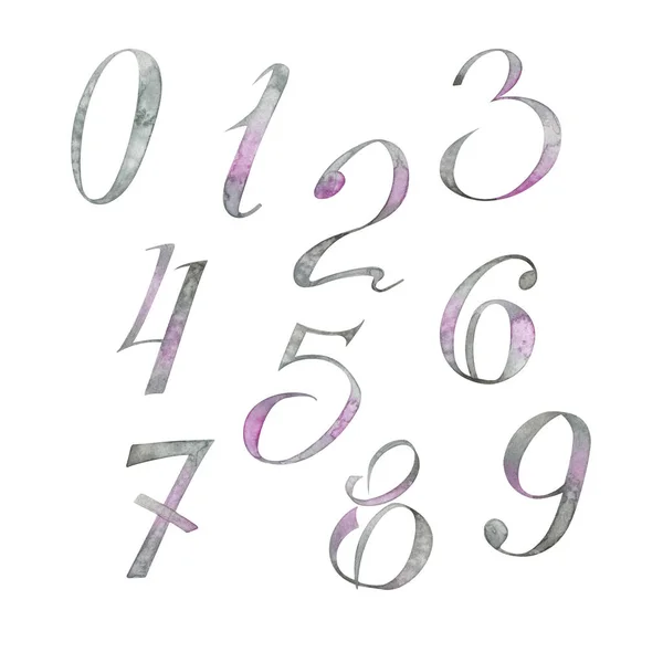 Ein Satz Zahlen Aquarell Auf Weißem Hintergrund Gemalt Isolierte Objekte — Stockfoto