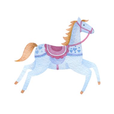 Koşan mavi at. Suluboya çizimi.